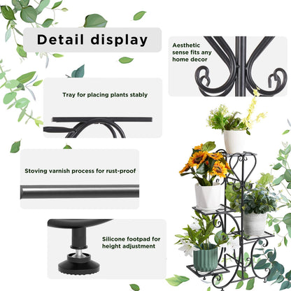 unho Metal Plant Stand Black: 4 Tier Flower Pot Display Rack with Potted Planter Shelves Indoor Storage Shelf Holder for Balcony Living Room Patio Garden Entryway Décor (Black)