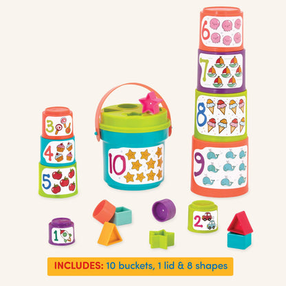 Battat – Nesting Sorter Set – 19 Pieces Stacking Bucket Sort Set – 10 Cups & 8 Shapes – Educational & Dexterity Toys – 18+ Months – Sort & Stack