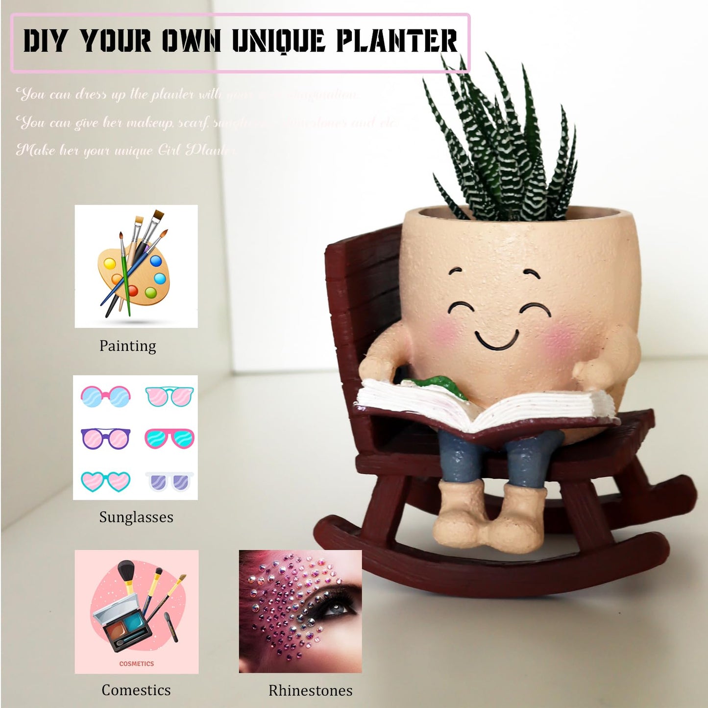 Dolkgy Cute Plant Pots Head Planters, Funny Rocking Chair Reading Book Planter Cactus Face Pot with Drainage Hole for Indoor Outdoor Plants, Unique Plant Lover Gifts