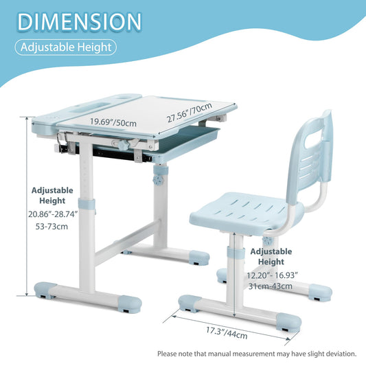 Rengue Kids Desk and Chair Set, Height Adjustable Children School Functional Study Desk with 55° Tiltable Desktop, 3 Modes & Brightness LED Light, Storage Drawer & Metal Hook for Boys Girls (Blue)