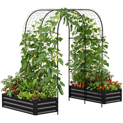 DoCred 3 in 1 Galvanized Raised Garden Bed, 2Pcs Metal Garden Planter Box with 87" H Trellis for Climbing Plants, Outdoor Gardening Raised Beds with Climbing Net for Fruits, Vegetables, Flower (Black)