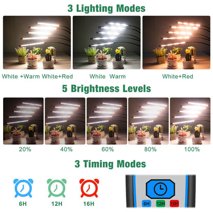 Garpsen Grow Lights for Indoor Plants, 5 Heads Full Spectrum Grow Light with Adjustable Tripod Stand, 100PCS LEDs Plant Light for Indoor Plants with 6/12/16H Timer and 3 Light Modes(No Clip)