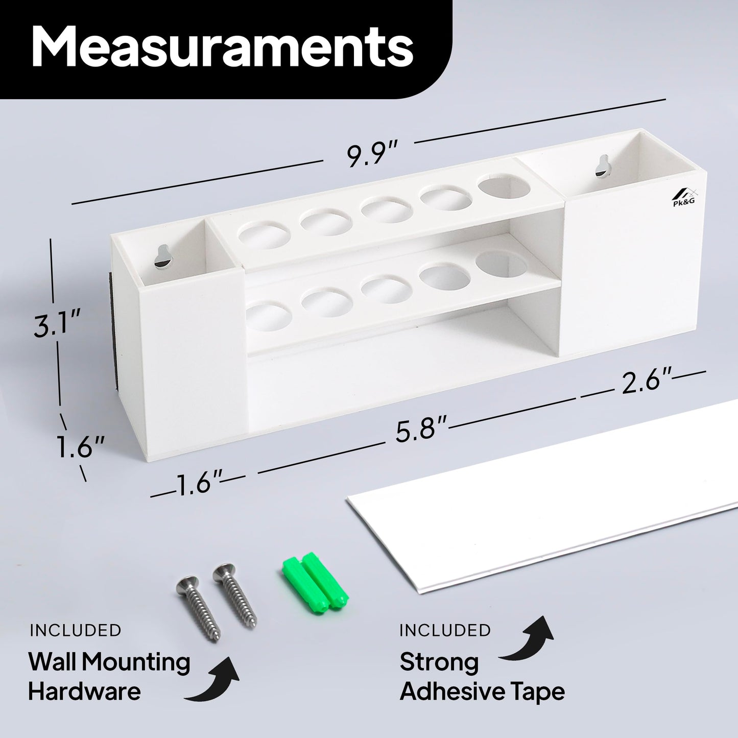 Slim Magnetic Dry Erase Marker Holder for Whiteboard, Space Saving Pen Organizer with Glass and Wall Mount Accessories for Fridge, Office, and School. Markers, Eraser, Cleaner Not Included (White)