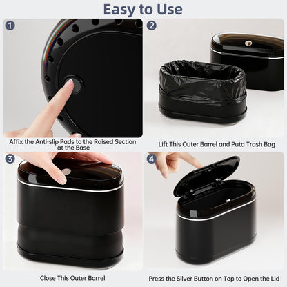 PAVSTINE Mini Trash Can for Desk with 5 Rolls of Trash Bags, Small Press-Top Countertop Garbage Bin, Removable Waste Basket for Bedroom, Vanity, Coffee Table, Kitchen (Black Full-Lid)
