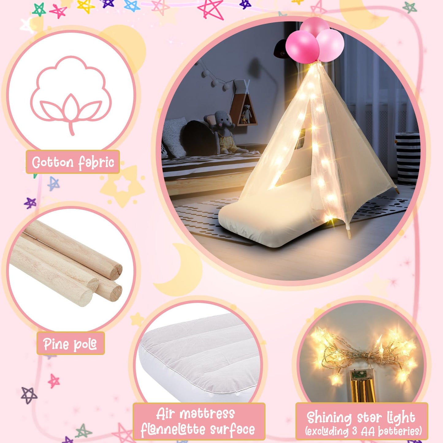 Lemosae 6 Pack Sleepovers Teepee Tent for Kids Bulk with Mattress Sheet Light,Natural Cotton Washable Indoor Play Tent for Birthday Slumber Party Girls Boys Pajama Movie Night Supplies(White)