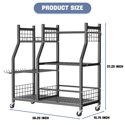 WALMANN Garden Tool Organizer with Wheels for Garage, Large Storage Capacity, Rakes/Shovels/Yard Tools Storage Stand for Shed, Garden, Indoor/Outdoor Long-Handled Tools Rolling Cart