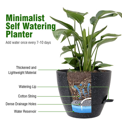 WSMKSZ 10 inch Self Watering Pots, Planter, Plant Pots with Mesh Drainage Holes for Indoor Outdoor House Plants and Garden, Pack of 2 Plastic Flower Pots with Deep Reservoir, Speckled Black