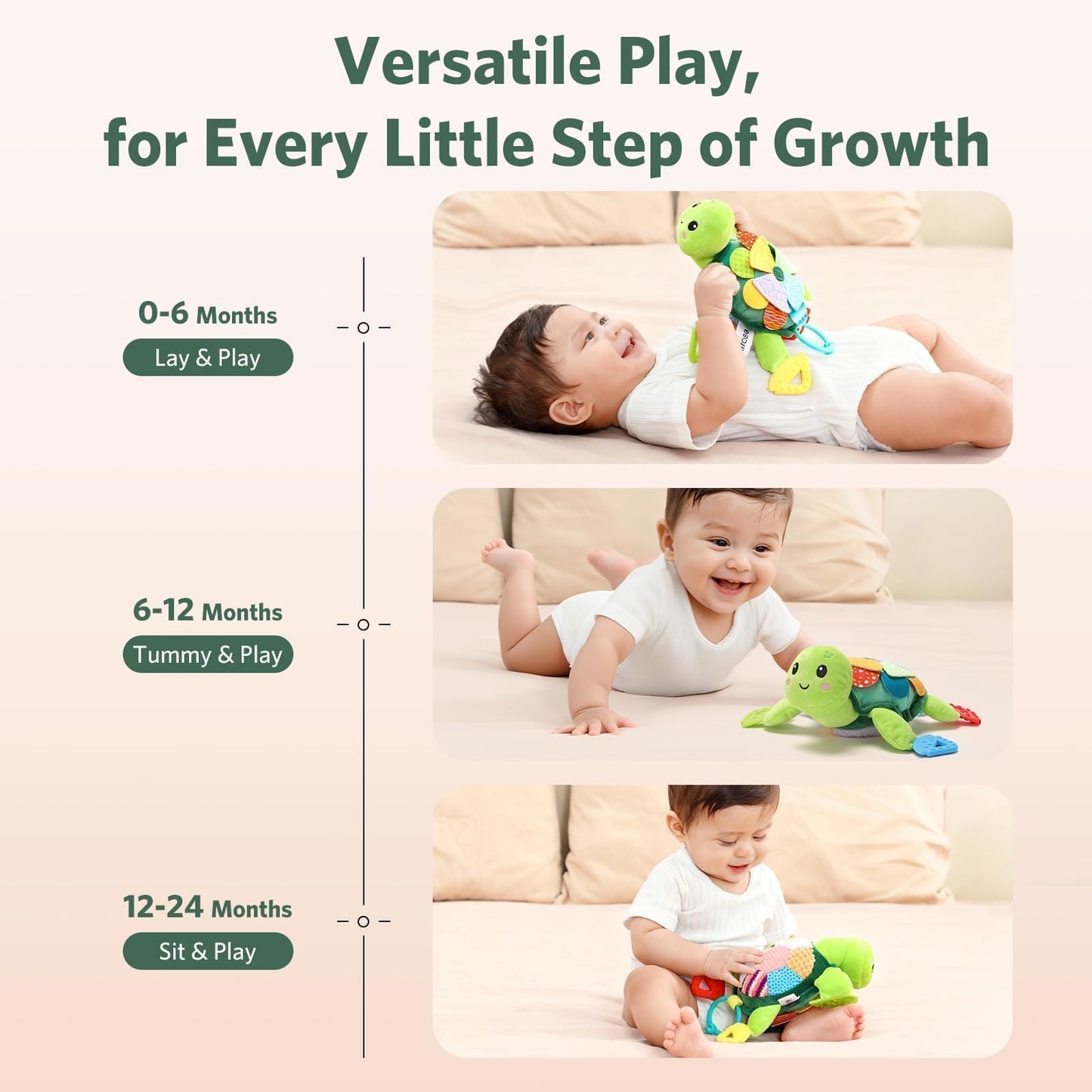Turtle Baby Sensory Toy, 6 in 1 Montessori Tummy Time Texture Toys, Flip Scales & Multi-Textured Belly & Rattle Squeaker Teethers, Early Educational Shower Gifts for Baby Boy Girl Birthday Gifts