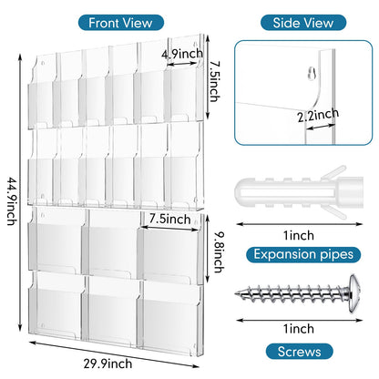 Thyle Acrylic Brochure Pamphlet Holder with 6 Magazine & 12 Pamphlet Slots, Clear Magazine Display Rack, Wall-Mounted Literature Organizer for Home and Office Waiting Room