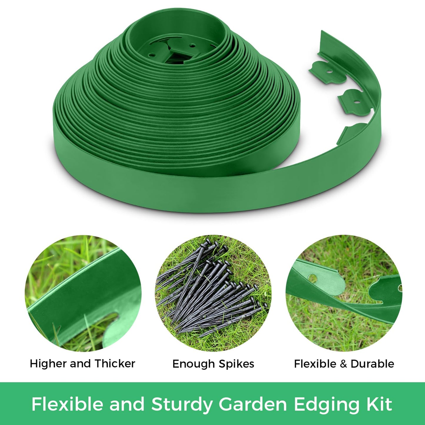 2-Inch x 33 FT Landscape Edging Border with 50 Spikes, Garden Edging Lawn Edging Border Kit, Plastic Edging Border Flexible for Garden Flower Beds Lawn Yard Pathway (Green)