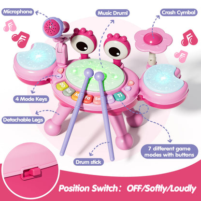 Toddler Drum Set for Kids 1-3, Baby Drum Set 1 Year Old with Light-Up Microphone, Musical Instruments Montessori Learning Toys for 6 9 12 18 Months, Birthday Gift for Boys Girls（Pink）