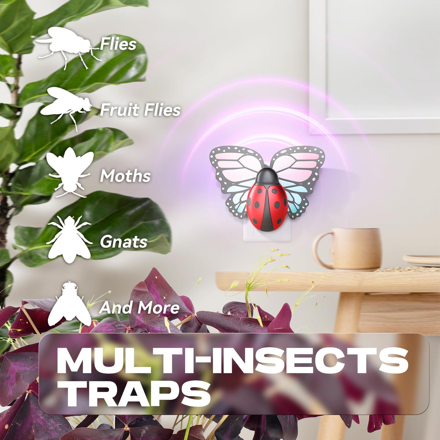 Flying Insect Trap Indoor, Light Fly Trap Captures Flies, Fruit Flies, Gnats, Moths, Mosquito and Other Flying Houseflies(1 Plug-in Device + 3 Pair Refills)