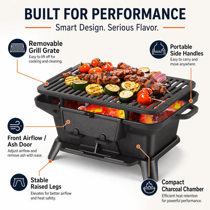 Hibachi Grill Outdoor, Portable Mini Charcoal Grill, Pre-Seasoned Cast Iron, Small Japanese Yakitori Tabletop Skillet Grill Stove for Outdoor Camping