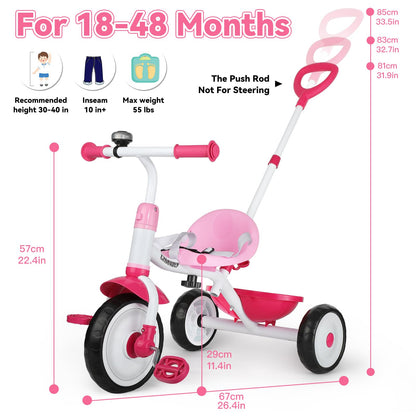 Liberry 2 in 1 Toddler Tricycle Age 2 3 4 Years Old, Kids Trike with Adjustable Push Handle, Bell & Basket, 3 Wheel Bike Riding Toy Birthday Gift for Girls Boys, Pink