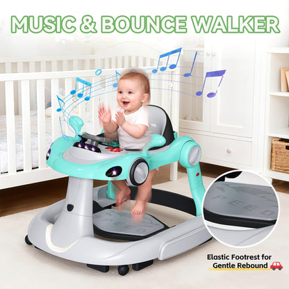 HAWEEK Baby Walker with Wheels, 7-in-1 Foldable Baby Walkers for Boys Girls 6-12 Months with Feeding Tray & Music, Lights,Rocker,Sun Canopy, Bouncing Pedal, Adjustable Wheel Speed, Push Walker(Green)