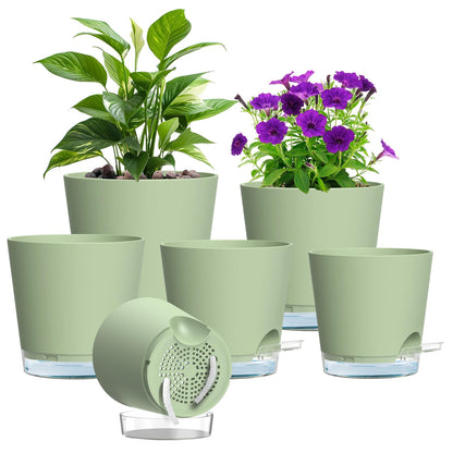 Meowell Self Watering Pots Pack of 6 – Different Size 4" to 7" Indoor Plant Pots with Drainage Holes and Clear Reservoir for Visible Water Level, Plastic Wicking Planters for House Plants, Green