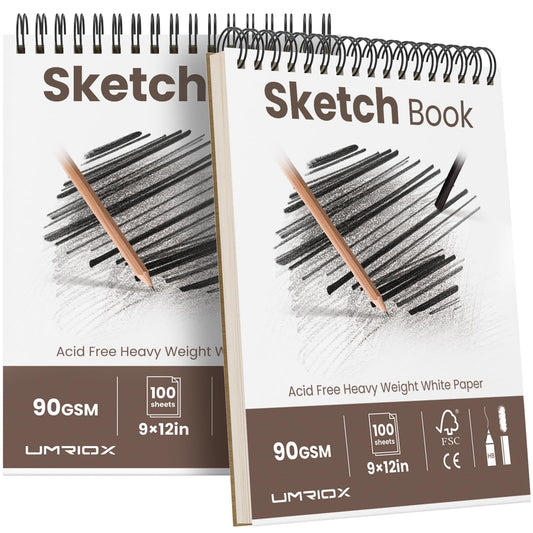 Umriox 9" x 12" Sketch Book, 2-Pack Sketch Pad (100 Sheets Each), Top Spiral Bound Sketchbook, Acid-Free Drawing Paper, Art Drawing Pad for Artists, Students and Designers