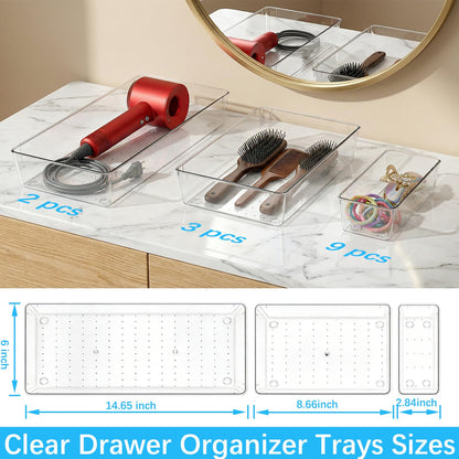 14 Pcs Clear Plastic Drawer Organizer Tray with 2 Pcs 15"x6" Extra Large Trays, Multi-Purpose Storage Bins for Vanity, Makeup, Kitchen Utensils, Bathroom, Office Desk, Auto Tools & Craft Supplies