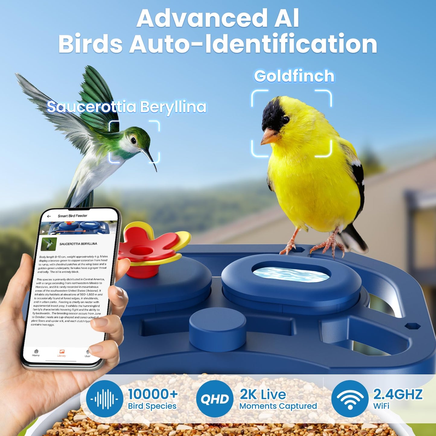 Smart Bird Feeder with Camera-Squirrel Proof & Weatherproof Outdoor Bird Watching Feeder with 2K HD AI Bird Identification for Garden & Backyard