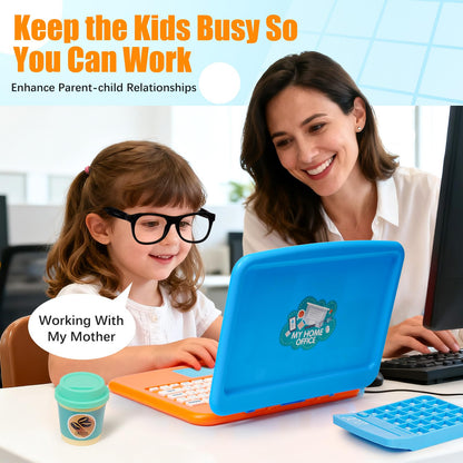 Cleboen Pretend Play Home Office Set for Kids — Toy Laptop Computer, LCD Writing Tablet, Pop Fidget Calculator, Phone, Headset, Glasses, Coffee Cup & Handbag, Birthday Gifts for Boys Girls Age 3-5-7