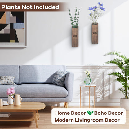 2 Pack Wood Wall Planter, Wall Decor Aesthetic for Living Room, Modern Farmhouse Entryway or Bathroom Decor, Unique Boho Vase for Holding Faux Greenery and Dried Flowers