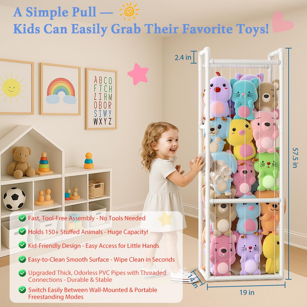 Zoxkoy Stuffed Animal Zoo for Bedroom - Holds 150+ Plushies | 45lb Load Heavy Duty Toy Storage | 10-Min Tool-Free Setup - 95% Space Saved Organizer for Nursery Playroom - Say Goodbye to Floor Mess