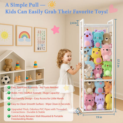 Zoxkoy Stuffed Animal Zoo for Bedroom - Holds 150+ Plushies | 45lb Load Heavy Duty Toy Storage | 10-Min Tool-Free Setup - 95% Space Saved Organizer for Nursery Playroom - Say Goodbye to Floor Mess