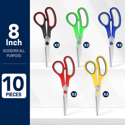 BURVAGY 8" 10 Pack All Purpose Heavy Duty Scissors- Comfort-Grip Sharp Scissors for Office School Sewing Fabric Craft High/Middle School Student Teacher Scissor, Right/Left Hand