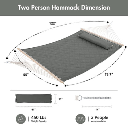 ANOW 2 Person Hammock with Spreader Bars and Detachable Pillow, Quilted Hammock for Outdoors Indoors, 450 LBS Weight Capacity, Gray