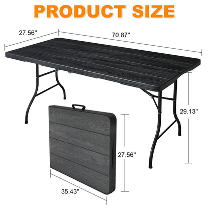FROASISPRO 6ft Folding Table, Portable Heavy Duty Plastic Fold-in-Half Utility Table for Indoor/Outdoor Use, Dining, Camping, Picnic, Party, Black Woodgrain
