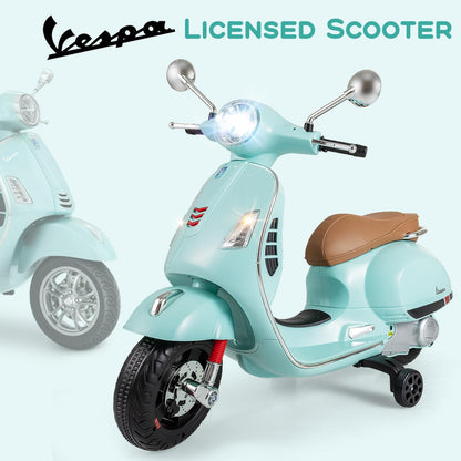 Licensed Vespa 12V Kids Motorcycle by INFANS with Training Wheels, Music, Story, Horn, Lights for 3-6 Years (Green)