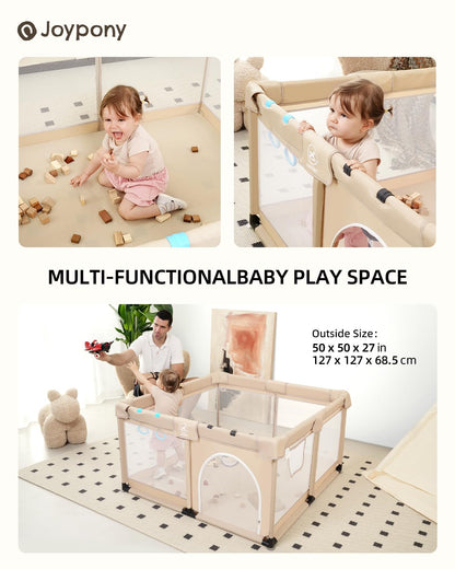 Joypony Baby Playpen, 50x50 in Small Play Pen for Babies and Toddlers, Playpen for Kids with Gate, Indoors Play Yard with Soft Breathable Mesh (Beige)