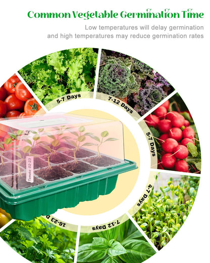 Seed Starter Tray with Grow Light (2x 24-LED), 2 Pack Seed Starter Kit with Humidity Domes and Timing Controller, Adjustable Brightness, Reusable Seedling Starter Tray, Thicken Seed Starting Trays