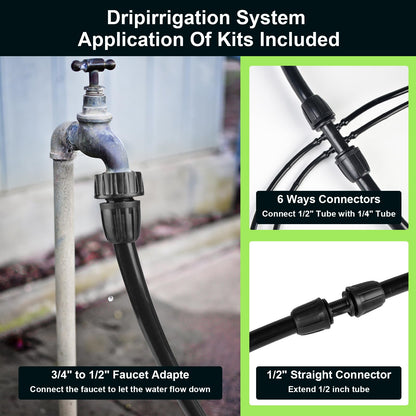 letesult 50FT 1/2 Inch Drip Irrigation Tubing Main Line Hose Tube, Drip Line Irrigation System Includes 2pcs 6-Way Connector & 1/2" Straight Connector & 3/4" to 1/2" Faucet Adapter for Garden Watering