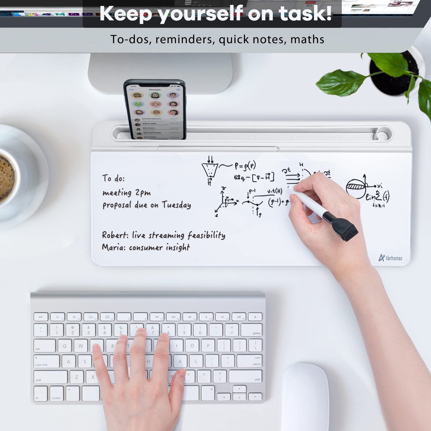 Varhomax Glass Desk Whiteboard with Storage, Desktop Organizer to-do List Memo Notepad Dry Erase White Board for Home Office and School Supplies (White)