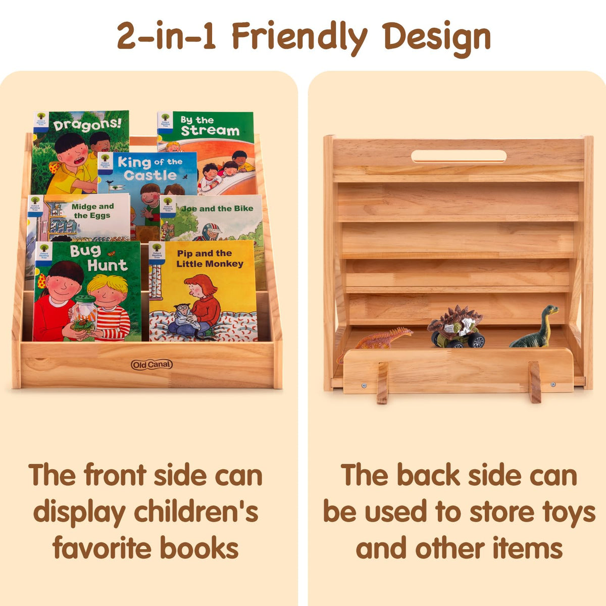 Old Canal Montessori Bookshelf, Kids Bookshelf and Toy Storage Organizer with Deep Sleeves, Toddler Book Shelves with Handle & Anti-Tilting Design, 5-Tier Pine Book Shelf for Kids Rooms, Nursery