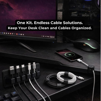 Magnetic Cable Organizer Kit (17-Piece) – Desk Cable Management Set with Magnetic Base & Adhesive Clips – Holds 6 Cables – Reusable Cable Ties for Office, Home & Gaming Setup