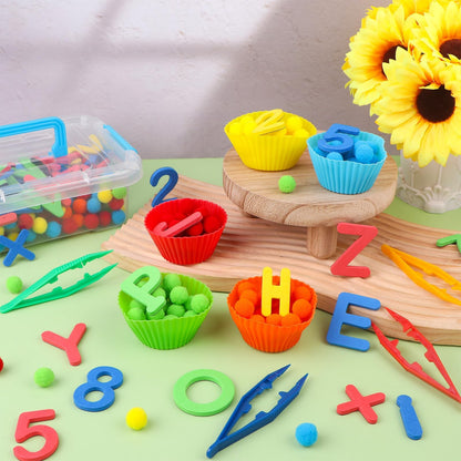 286Pcs Letters and Numbers Sensory Bin Filler Fine Motor Toys Counting Sorting 200 Felt Pompoms 76 Magnetic Letters Numbers 4 Tweezers 5 Silicone Plates 1 Storage Box for Counting Sorting DIY Crafts
