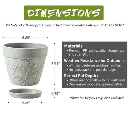 Melphoe Plant Pots Indoor with Drainage & Saucer, 2Pack 7 inch Flower Pots Outdoor Planters for Indoor Plants Garden Home Decor Cactus Succulent, Rigid Plastic (Imitation-Terracotta) Vine-Embossed