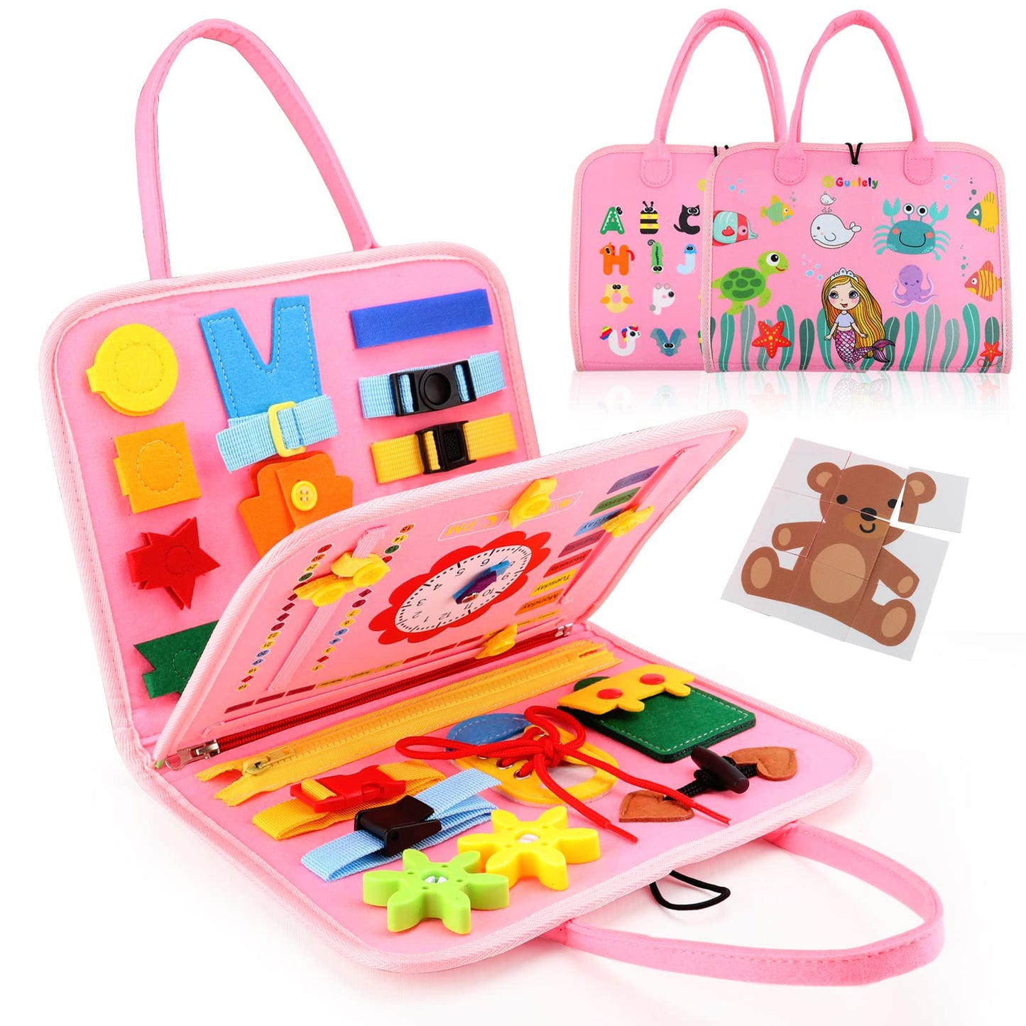 Guolely Busy Board Montessori Toy for 3-6 Year Old Toddlers - Educational Activity Developing Sensory Board for Basic Dress Fine Motor Skills - Travel Toys for Plane Car, Gift for Boys Girls