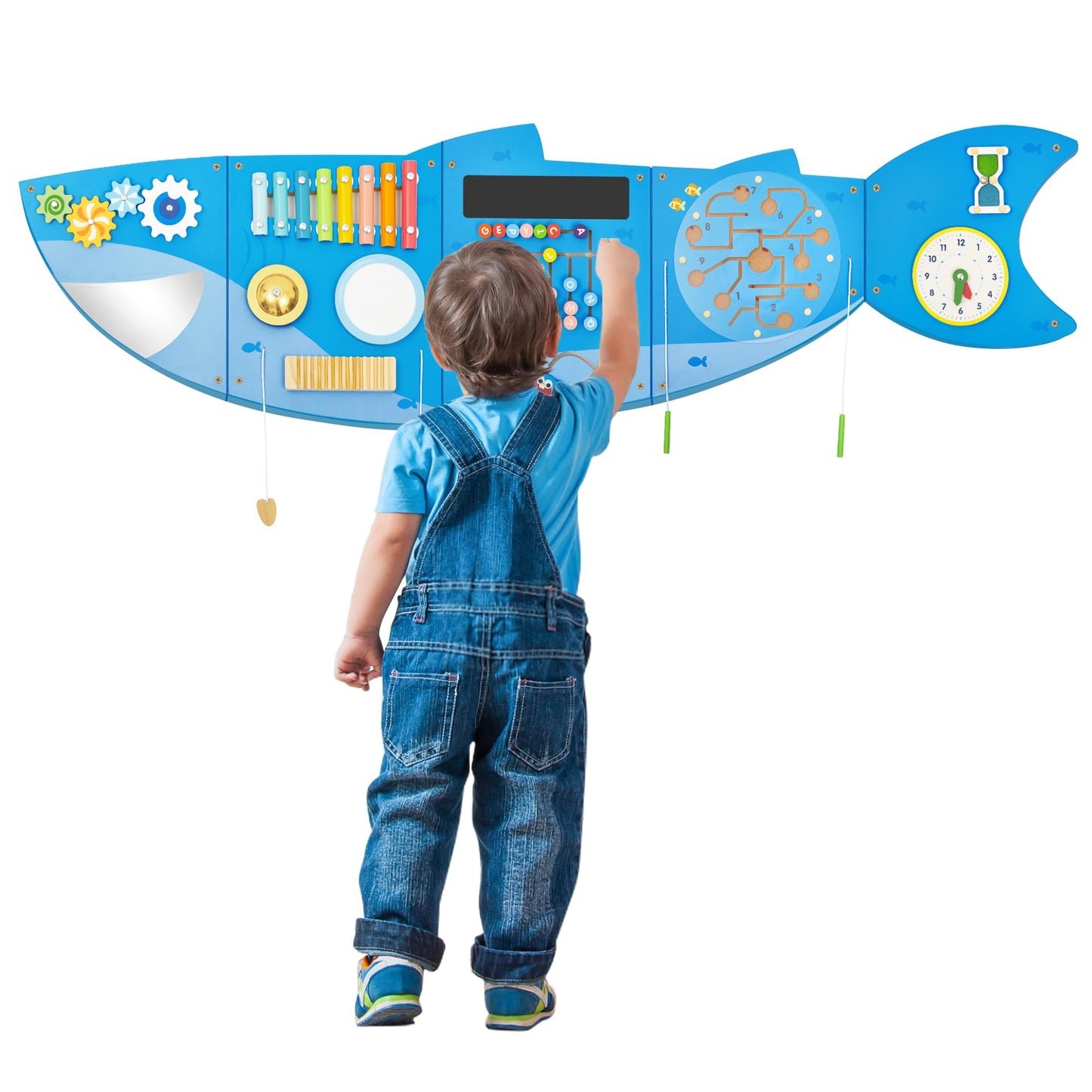 Shark Activity Wall Busy Board Panels,Busy Board for Toddlers Montessori Sensory Toys Wall Mount Wooden Learning Toy Ideal Furniture for Playroom & Children's Daycare