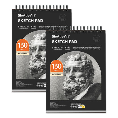 Shuttle Art 9”x12” Sketch Pad, 260 Sheets (68lb/100gsm) Drawing Pad, Pack of 2, 130 Sheets Each, Spiral Bound Sketch Book, Durable Acid-Free Drawing Paper, Great Sketch Pad for Kids, Teens & Adults
