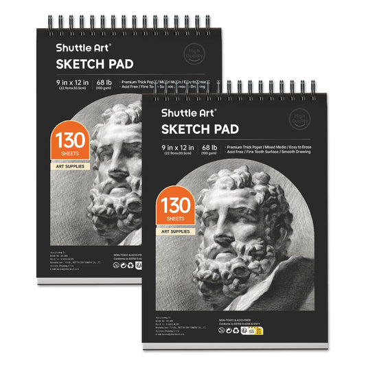 Shuttle Art 9”x12” Sketch Pad, 260 Sheets (68lb/100gsm) Drawing Pad, Pack of 2, 130 Sheets Each, Spiral Bound Sketch Book, Durable Acid-Free Drawing Paper, Great Sketch Pad for Kids, Teens & Adults