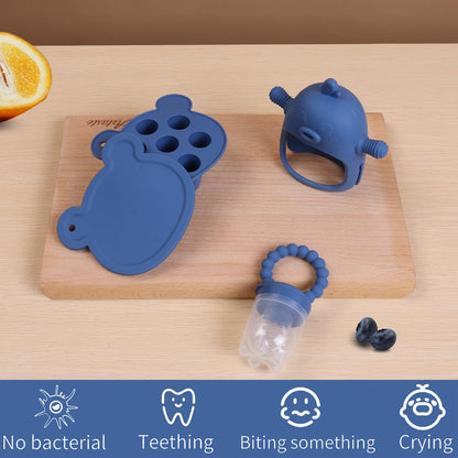 Gedebey 3-in-1 Baby Food & Fruit Feeder Set – Breastmilk Popsicle Mold with Freezer Tray, Teething Relief Toy, BPA Free Infant Silicone Feeding Combo, 3 Bonus Sizes (S/M/L) Sacs (Steel Blue)