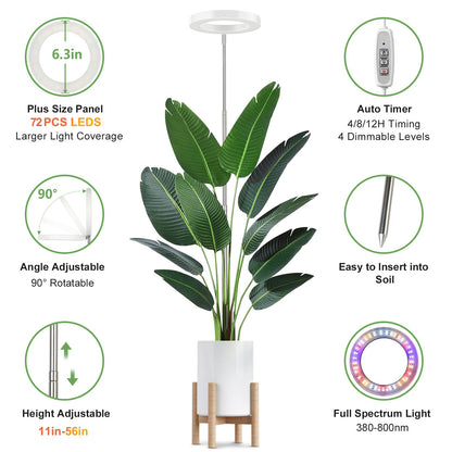 LBW Plant Grow Light, 72 LEDs Full Spectrum Grow Lights for Indoor Plants,Large Grow Lamp with 4/8/12H Auto Timer & 4 Dimmable Brightness, Height Adjustable, Ideal for Tall Plants,White