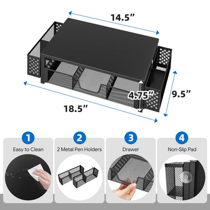 Simple Trending Desk Organizer and Accessories, Computer Metal Monitor Stand Riser with Drawer and Pen Holder for Laptop, Computer, iMac, Black