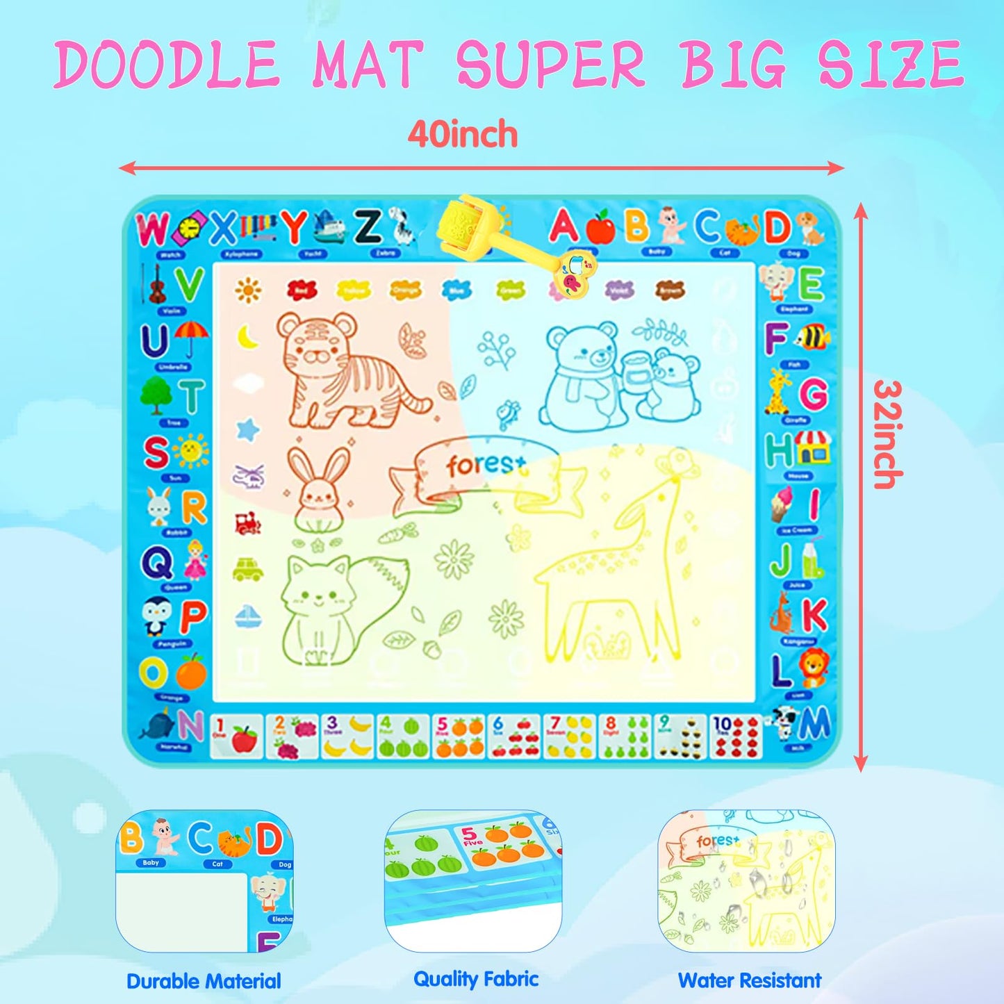 Water Doodle Mat Kids Painting Writing Board Mess Free Doodle Drawing Mat Educational Toys Gifts 40X 32 Inches Extra Large Coloring Mats for Toddlers Boys Girls Age 3 4 5 6 7 8 9 10 11 12 Year Old