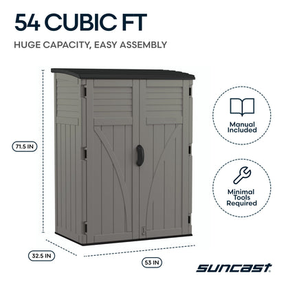 Suncast Outdoor Storage Cabinet Waterproof Resin Vertical Outdoor Storage Shed (54 cu. ft.) for Patio, Garden Tools, Cushions, & Equipment. Weatherproof Plastic Multi-Wall Design, Capacity Made in USA