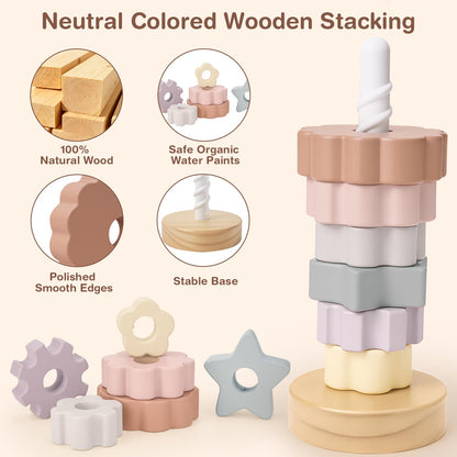 Joyreal Wooden Spinning Stacking Toys, Neutral Ring Stacker Montessori Toys for Toddlers 1-3, Christmas Birthday Gifts for Boys Girls