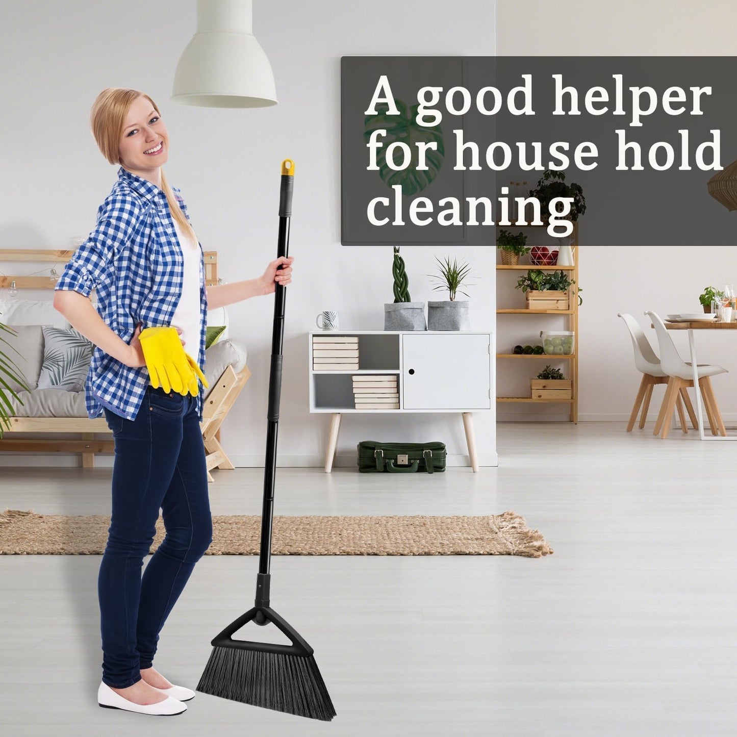 SZJYHQY 2PCS Heavy Duty Broom, Broom for Sweeeping Indoor and Outdoor, Angle Broom with Long Pole, Outdoor Broom for Courtyard/Garages/Slidewalk, Indoor Broom for Kitchen Lobby Canteen Black